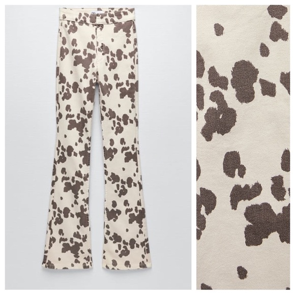 NWT Zara Cream/Brown Animal Print Flared Full Length High Waist Jeggings Size 14 - Picture 2 of 7